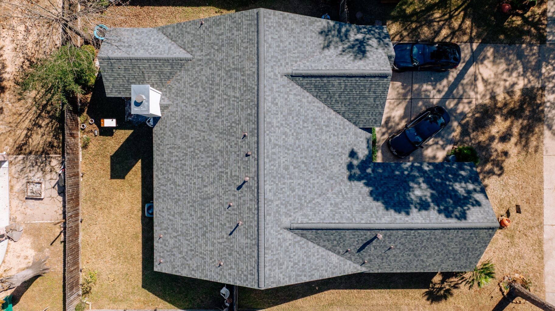 Overhead view of the completed Valley Palms roof replacement with clean ridge lines